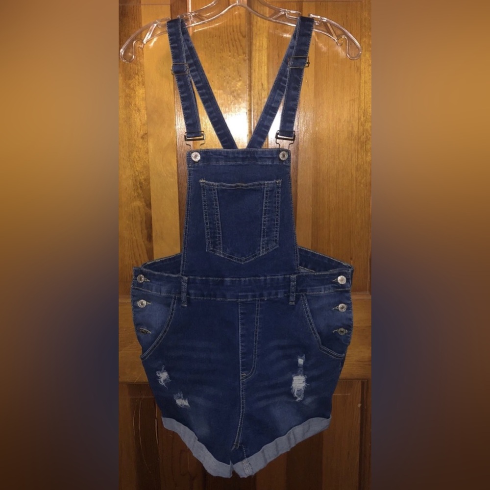 SHEIN Dark Blue Distressed Denim Short Overalls